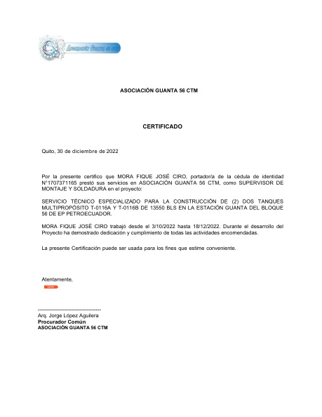 Certificado — Estación Guanta